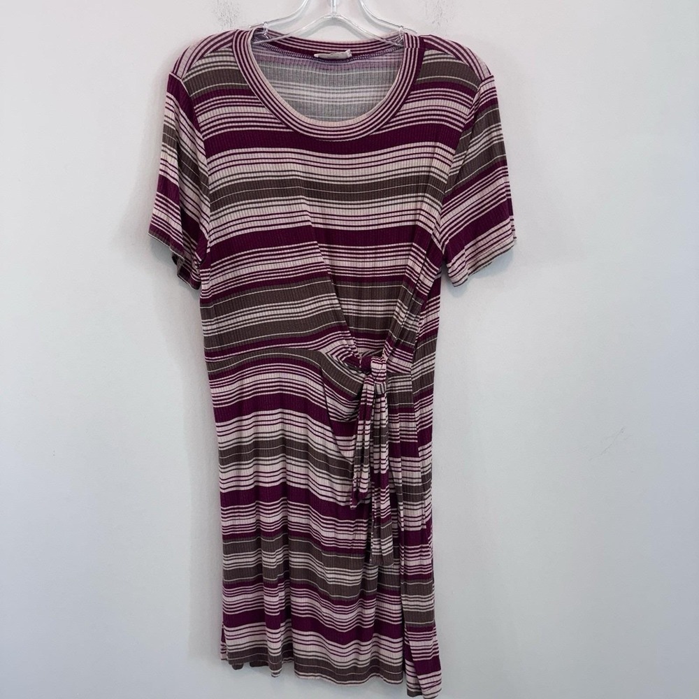 Entro Striped Tie Front Dress Women's Large Ribbed Burgundy Boho Boutique Dress